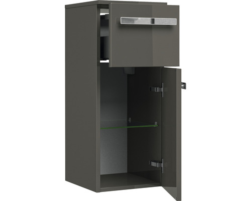 Hochschrank mit zwei offenen Türen und Glasboden für das Badezimmer