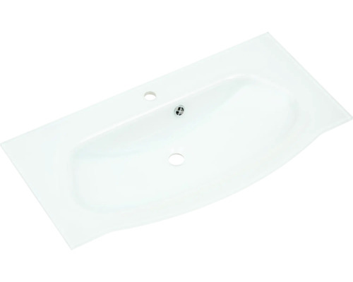 Waschtisch aus Glas mit Ablaufgarnitur und Hahnlöchern