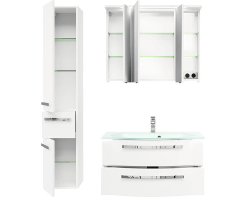 Badezimmermöbelset mit Hochschrank, Spiegelschrank und Waschtischunterschrank