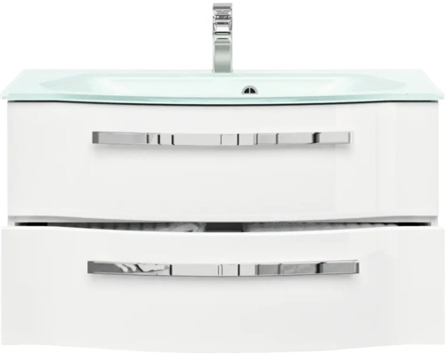 Waschbeckenunterschrank mit zwei Schubladen, Glaswaschbecken und Armatur