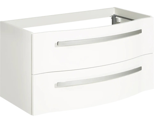 Weißer Waschtischunterschrank mit zwei Schubladen und silberfarbenen Griffen