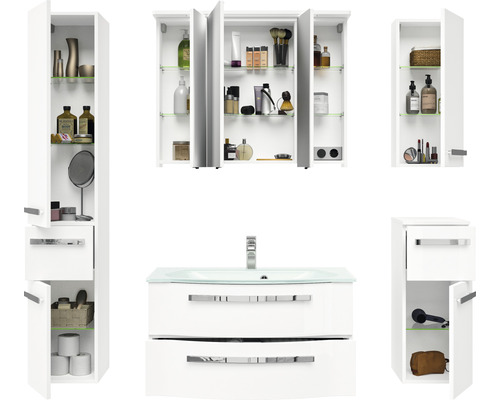 Badezimmer-Set mit Waschbeckenunterschrank, Spiegelschrank und Hochschränken