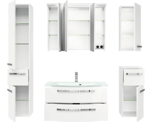Weißes Badezimmermöbelset mit Waschbeckenunterschrank, Spiegelschrank und Hochschränken