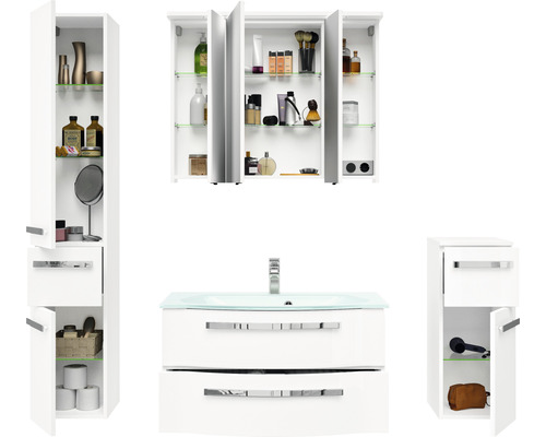 Badezimmerensemble mit Waschtisch, Spiegelschrank und Hochschränken für Badezimmer