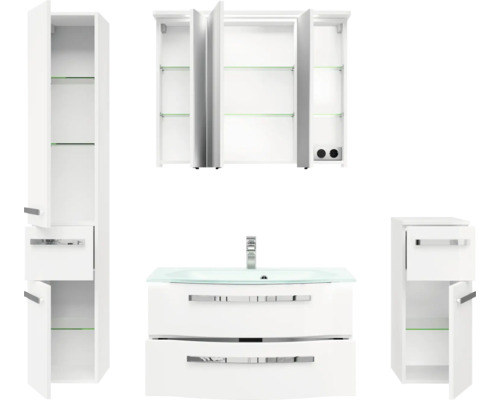 Badezimmermöbelset mit Waschbeckenunterschrank, Spiegelschrank und Hochschränken