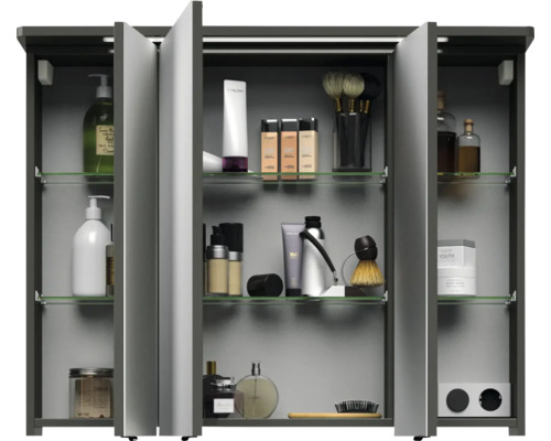 Spiegelschrank mit drei Türen und Glasablagen