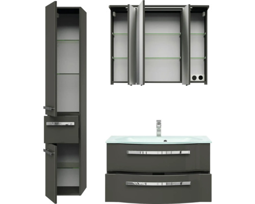 Badezimmerset mit Waschtischunterschrank, Spiegelschrank und Hochschrank