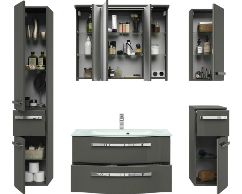 Badezimmer-Set mit Waschbeckenunterschrank, Spiegelschrank und Hochschränken
