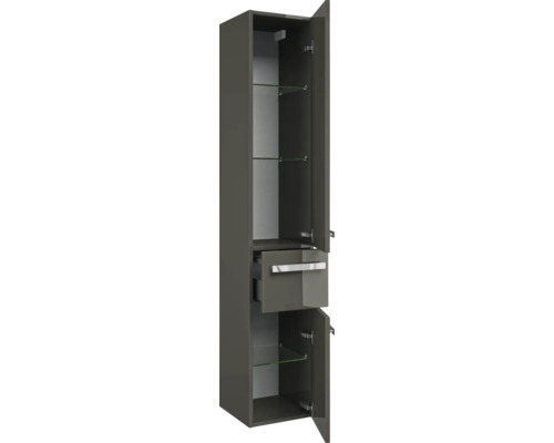 Offener Badezimmerschrank mit Regalen und Schublade