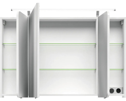 Offener dreitüriger Spiegelschrank mit Glasablagen