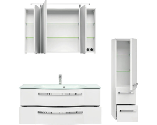 Weißes Badezimmermöbelset mit Waschtisch, Spiegelschrank und Hochschrank