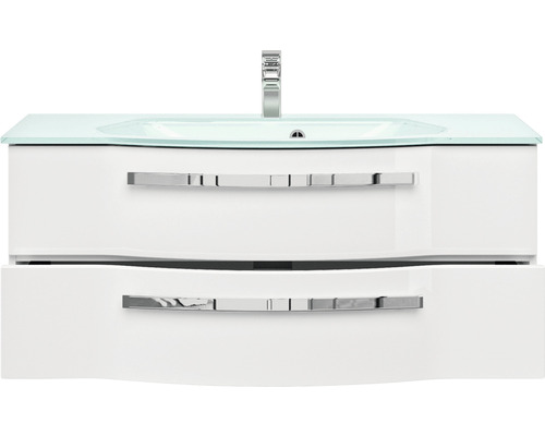 Waschtischunterschrank mit Glaswaschbecken und zwei Schubladen