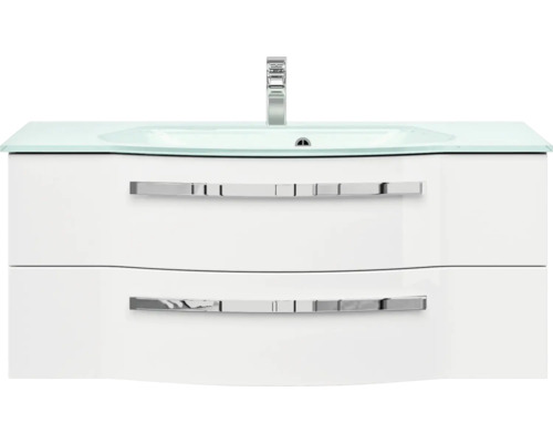 Waschtisch mit zwei Schubladen, Glaswaschbecken und Armatur