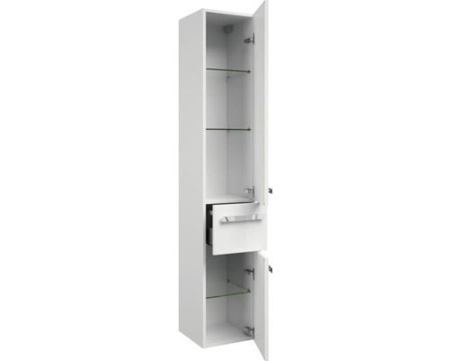 Hochschrank mit Schublade, offenen Türen und Glasböden