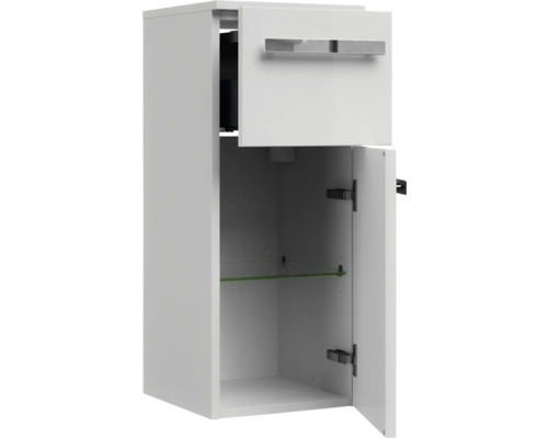 Weißer Hängeschrank mit einer Schublade und einer Tür mit Glasablage