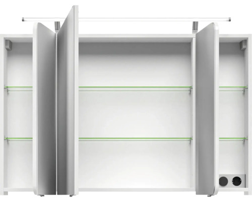 Weißer Spiegelschrank mit offenen und geschlossenen Fächern und Glasablagen