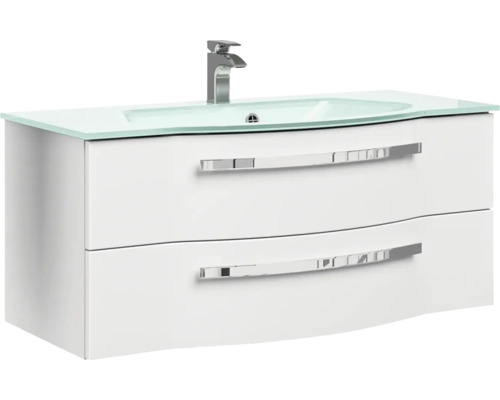 Waschtisch mit zwei Schubladen, Glaswaschbecken und Armatur