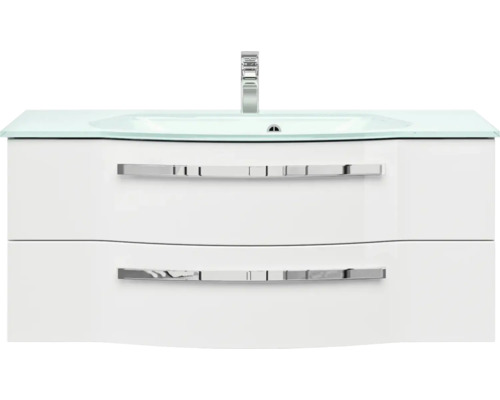 Weißer Waschtisch mit zwei Schubladen, Glasplatte und Armatur