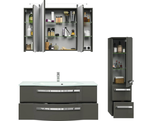 Badezimmer-Set mit Waschtischunterschrank, Spiegelschrank und Hochschrank