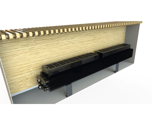 Raumansicht mit Heizkörper unter einer Holzbank