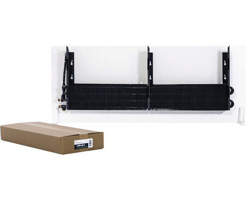 Gros plan d''un radiateur noir pour montage mural avec son emballage.