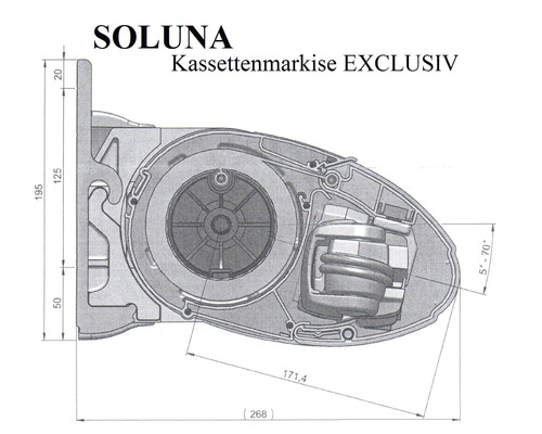 Technische Zeichnung einer Soluna Kassettenmarkise Exklusiv mit Maßangaben.
