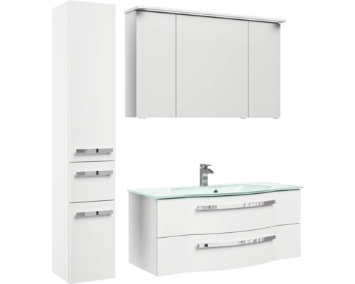 Weißes Badezimmermöbelset mit Waschbeckenunterschrank, Spiegelschrank und Hochschrank