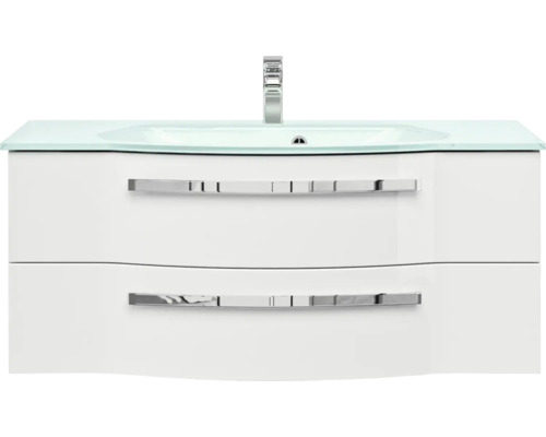 Waschtischunterschrank mit zwei Schubladen, Glaswaschbecken und Armatur