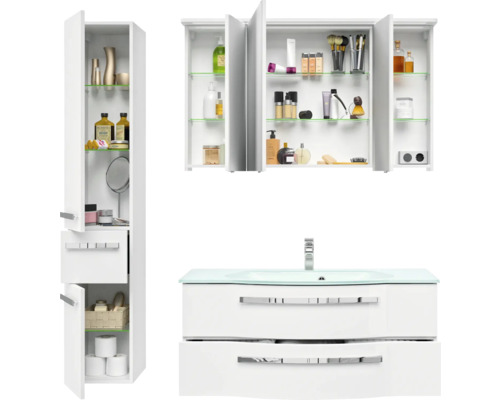 Badezimmermöbelset mit Waschtischunterschrank, Spiegelschrank und Hochschrank