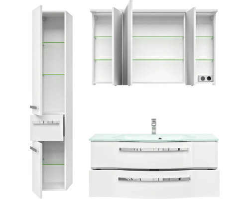 Badezimmerset mit Waschbeckenunterschrank, Spiegelschrank und Hochschrank
