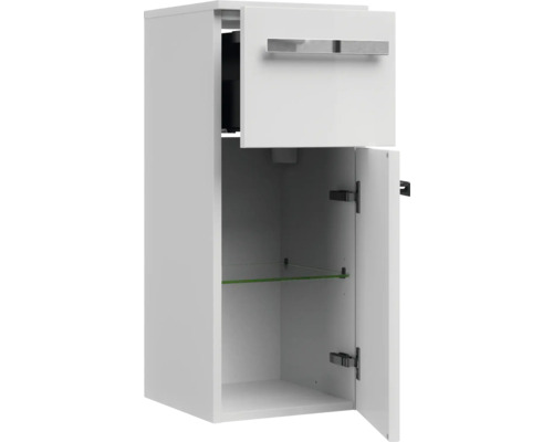 Weißer Hängebadschrank mit Schublade und einer Tür mit Glasboden
