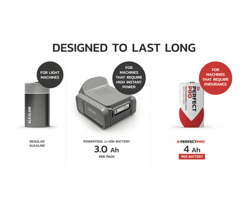 Différents types de piles : pile alcaline, piles Li-ion et pile Perfect Pro pour différents besoins d’appareils.