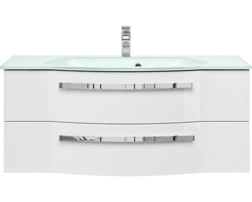 Weißer Waschtisch mit zwei Schubladen, Glasplatte und Armatur