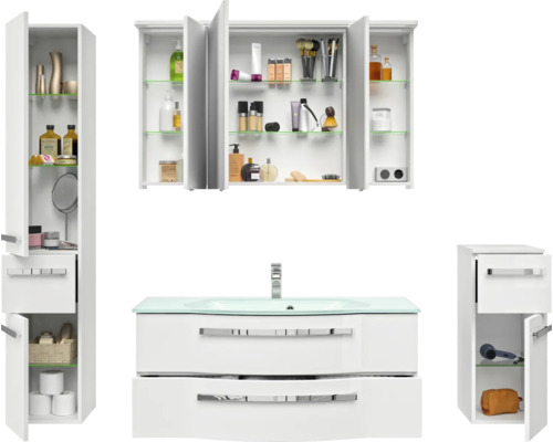 Modernes Badezimmerensemble mit Waschbeckenunterschrank, Spiegelschrank und Hochschränken zur Badezimmeraufbewahrung
