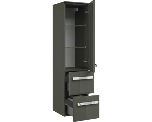 Hochschrank mit offener Tür, zwei Schubladen und Glasböden zur Badezimmereinrichtung