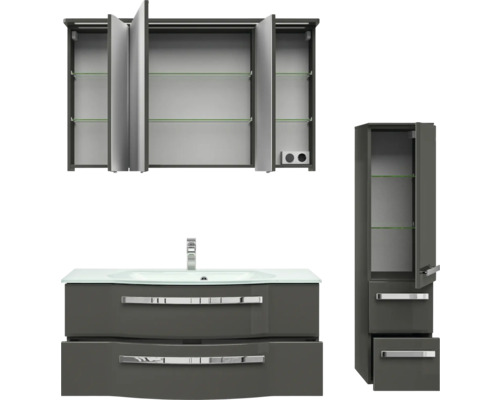 Badezimmermöbelset mit Waschtischunterschrank, Spiegelschrank und Hochschrank