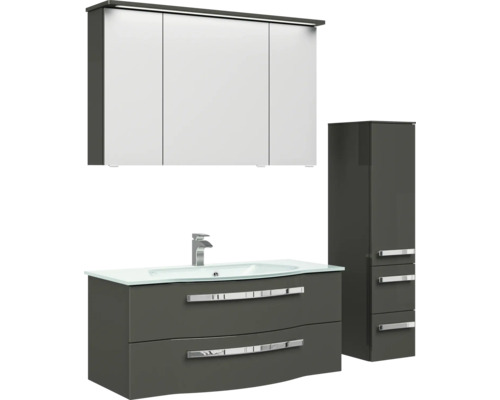 Badezimmerset mit Waschtischunterschrank, Spiegelschrank und Hochschrank