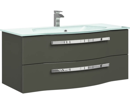 Waschbeckenunterschrank mit zwei Schubladen, Armatur und Glaswaschbecken