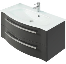 Badmöbelset 3-teilig Pelipal xpressline 4005 BxHxT 92 x 200 x 49,1 cm Frontfarbe grau hochglanz mit Waschtisch Glas weiß und Glaswaschtisch Waschtischunterschrank Spiegelschrank mit LED-Beleuchtung Griff chrom glanz 992.0900112 9920900112