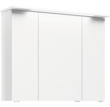 Weißer Kleiderschrank mit drei Türen und integrierter Beleuchtung.