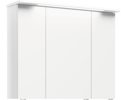Weißer Kleiderschrank mit drei Türen und integrierter Beleuchtung.