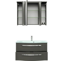 Badmöbelset 3-teilig Pelipal xpressline 4005 BxHxT 92 x 200 x 49,1 cm Frontfarbe grau hochglanz mit Waschtisch Glas weiß und Glaswaschtisch Waschtischunterschrank Spiegelschrank mit LED-Beleuchtung Griff chrom glanz 992.0900212 9920900212