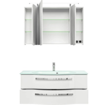 Badmöbelset 3-teilig Pelipal xpressline 4005 BxHxT 120 x 200 x 49,1 cm Frontfarbe weiß hochglanz mit Waschtisch Glas weiß und Glaswaschtisch Waschtischunterschrank Spiegelschrank mit LED-Beleuchtung Griff chrom glanz 992.1200111 9921200111