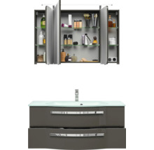 Badmöbelset 3-teilig Pelipal xpressline 4005 BxHxT 120 x 200 x 49,1 cm Frontfarbe grau hochglanz mit Waschtisch Glas weiß und Glaswaschtisch Waschtischunterschrank Spiegelschrank mit LED-Beleuchtung Griff chrom glanz 992.1200112 9921200112