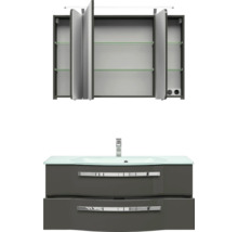 Badmöbelset 3-teilig Pelipal xpressline 4005 BxHxT 120 x 200 x 49,1 cm Frontfarbe grau hochglanz mit Waschtisch Glas weiß und Glaswaschtisch Waschtischunterschrank Spiegelschrank mit LED-Beleuchtung Griff chrom glanz 992.1200112 9921200112