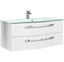Badmöbelset 3-teilig Pelipal xpressline 4005 BxHxT 120 x 200 x 49,1 cm Frontfarbe weiß hochglanz mit Waschtisch Glas weiß und Glaswaschtisch Waschtischunterschrank Spiegelschrank mit LED-Beleuchtung Griff chrom glanz 992.1200211 9921200211