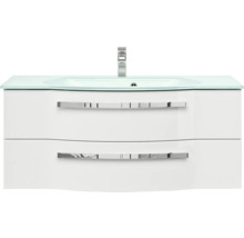 Badmöbelset 3-teilig Pelipal xpressline 4005 BxHxT 120 x 200 x 49,1 cm Frontfarbe weiß hochglanz mit Waschtisch Glas weiß und Glaswaschtisch Waschtischunterschrank Spiegelschrank mit LED-Beleuchtung Griff chrom glanz 992.1200211 9921200211
