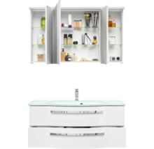 Waschtisch mit Waschbeckenunterschrank und Spiegelschrank mit geöffneten Türen