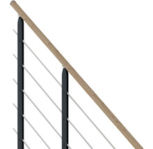 Detailansicht eines Geländers mit Holzhandlauf und Edelstahlseilen