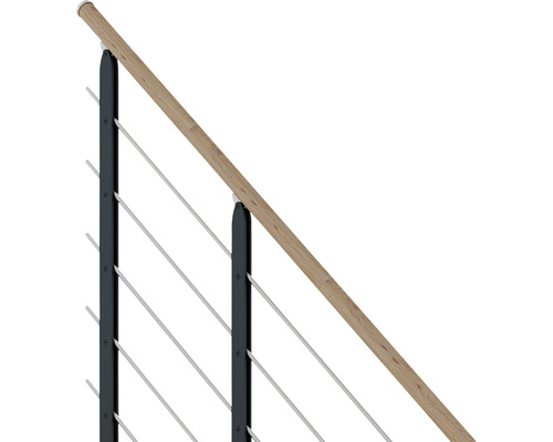 Detailansicht eines Geländers mit Holzhandlauf und Edelstahlseilen